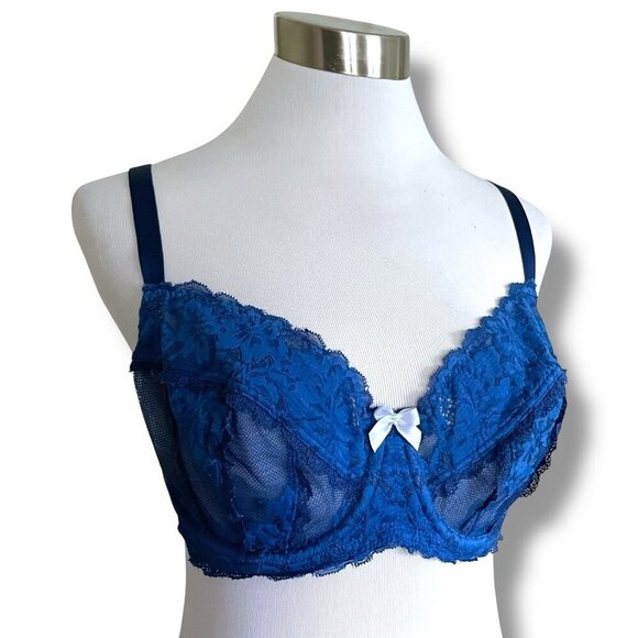 Adore Me 40C Bra Dark Blue Semi Sheer Lace Unlined Full Coverage Underwire - Picture 1 of 7